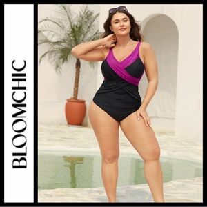 NWT BloomChic Black and Purple One Piece Swimsuit with Wrap Design